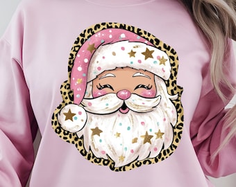 Pink Leopard Santa PNG: Girly Christmas Sublimation Design (Digital Download)