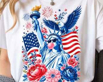 Patriotic Statue of Liberty PNG, Preppy Brushstroke USA Flag Eagle Floral (Digital Download)