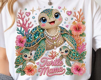Turtle Mama PNG, Sparkly Rhinestone Bling Gem Beach Mom Tropical Shirt Design (Digital Download)