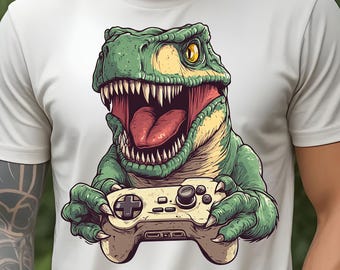 Gaming Dinosaur PNG, Funny T Rex Gamer Sublimation Design (Digital Download)