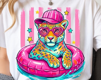 Leopard Pool Float PNG, Preppy Summer Beach Vibes Trendy Pink Stripes (Digital Download)