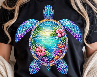 Sea Turtle PNG, Sparkly Rhinestone Jeweled Tropical Ocean Turtle, Floral Summer (Digital Download)