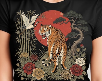 Japanese Tiger PNG, Vintage Asian Art, Red Sun, Crane Bamboo Floral Sublimation Digital Download