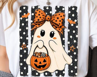 Ghost Bow Pumpkin Candy Bucket Halloween PNG, Polka Dot Stripes & Bats (Digital Download)