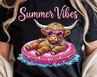 Summer Vibes Highland Cow PNG, Pool Float, Rhinestone Glitter, Funny Summer (Digital Download)