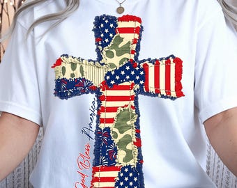 God Bless America Cross PNG, Patriotic Patchwork, USA Flag Camo Vintage Christian (Digital Download)