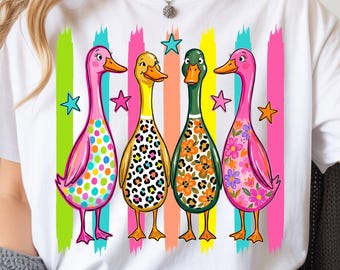 Colorful Preppy Ducks PNG, Floral Leopard Print Retro Duck Squad Funny Sublimation (Digital Download)