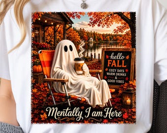 Cozy Fall Ghost PNG, Autumn Lake Cabin Graphic (Digital Download)
