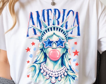 Preppy Brushstroke Statue of Liberty Blowing Bubble PNG, America 4th of July (Digital Download)