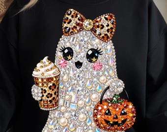 Luxury Crystal Glam Ghost Halloween PNG, Leopard Bow Spooky Sparkle Rhinestone (Digital Download)