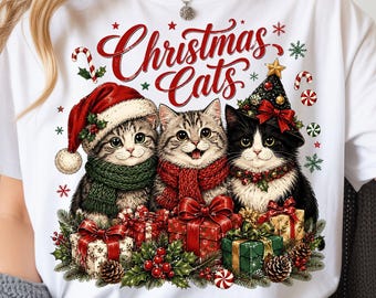 Merry Christmas Cats PNG, Cat Trio, Festive Kitty Christmas (Digital Download)