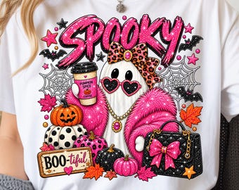 Spooky Boo-tiful Halloween PNG, Pink Cowgirl Ghost, Pumpkin Coffee & Leopard Bow (Digital Download)