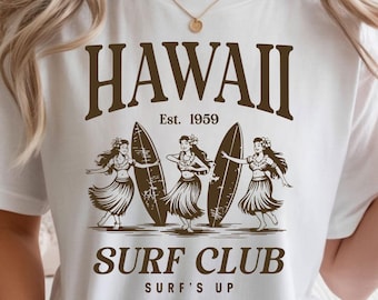 Hawaii Surf Club PNG, Vintage Hawaiian Hula Girl Surfing Design (Digital Download)