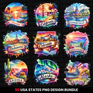 Puede incluir: Una colección de diseños de acuarela coloridos que representan varios estados de EE. UU. Cada diseño muestra monumentos y paisajes icónicos, como el Golden Gate para California y las montañas de Colorado, con nombres de estados en pancartas.