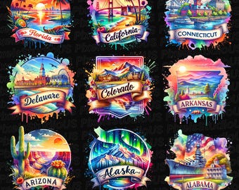 Könnte beinhalten: Eine Sammlung farbenfroher Aquarelldesigns mit verschiedenen US-Bundesstaaten. Jedes Design zeigt ikonische Wahrzeichen und Landschaften, wie die Golden Gate Bridge für Kalifornien und die Berge von Colorado, mit Staatsnamen auf Bannern.