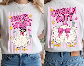 Funny Guess What Chicken Butt T-Shirt Design PNG, Retro Pink Stripes Stars Digital Download