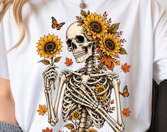 Skeleton Sunflower Halloween PNG, Autumn Floral Skull Design, Spooky Fall (Digital Download)