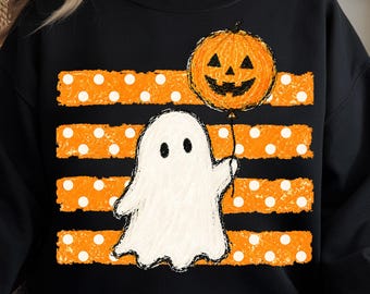 Halloween Spooky Ghost Pumpkin Balloon PNG, Vintage Brushstroke, Polka Dots Stripes (Digital Download)
