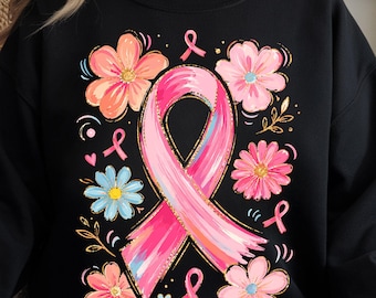 Breast Cancer Support Awareness Month Floral Ribbon PNG, Pink Brushstroke Sublimation (Digital Download)