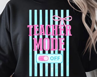 Teacher Mode PNG, Preppy Coquette Bow Design, Pink Blue Striped Teacher Life (Digital Download)