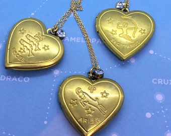 Zodiac Heart Locket Necklace  / Zodiac Sign / Vintage Lockets / Astrological Jewelry / Celestial Stocking Stuffer / Gift Boxed