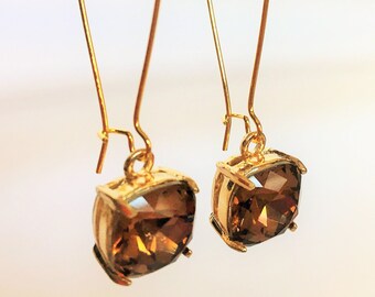 BROWN TOPAZ Glass Drop EARRINGS /  Faceted Glass Rhinestone  / Gold / Dangle Bridesmaid Earrings / Simple / Gift For Her / Gift Box