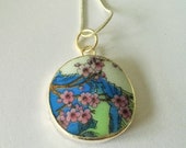Antique Chinese POTTERY SHARD Pendant Necklace Floral Tree Design Recycled Porcelain Broken China pendant unique gift Gift Boxed