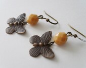 Charming Antiqued Bronze BUTTERFLY EARRINGS Caramel Glass Beads Butterfly Charm Unique Gift for Her Gift Boxed Butterflies