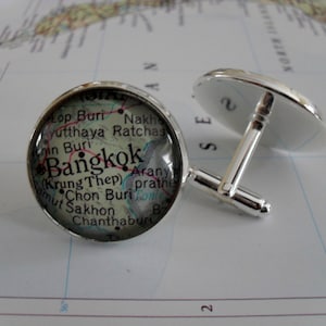 BANGKOK Thaïlande Carte Silver CUFF BOUTONS / Bangkok Boutons de manchette / Cadeau Groomsmen / Cadeau personnalisé pour lui / Bijoux carte personnalisée / Cadeau En boîte