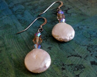 Champagne COIN PEARL & Swarovski Crystal Sterling Silver EARRINGS // Bridal // Pastel // wedding Earrings // Gift Boxed