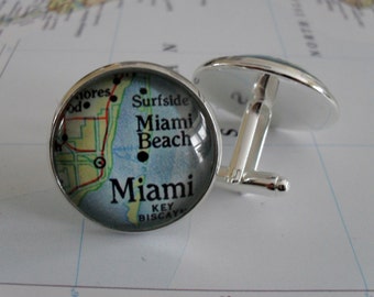 MIAMI Map CUFFLINKS / Father's Day / Groomsmen Gift / Personalized Gift for Him / Silver Map Cuff Links / Map Jewelry / Gift Boxed