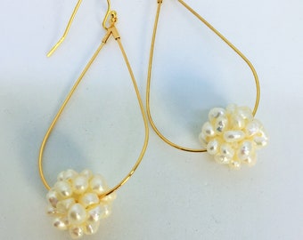 PEARL EARRINGS / Woven Genuine  Floating Pearl Ball Gold Wire Earrings / Bridal Earrings / gift boxed