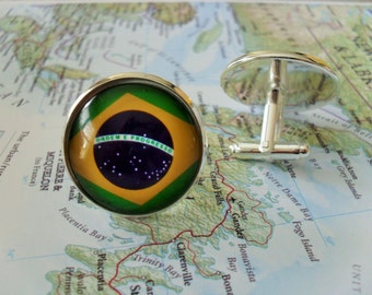 BRAZILIAN FLAG Silver Cufflinks / National Flag of BRAZIL / Father's Day / Groomsmen Gift / Patriotic  / Flag jewelry / Gift Boxed