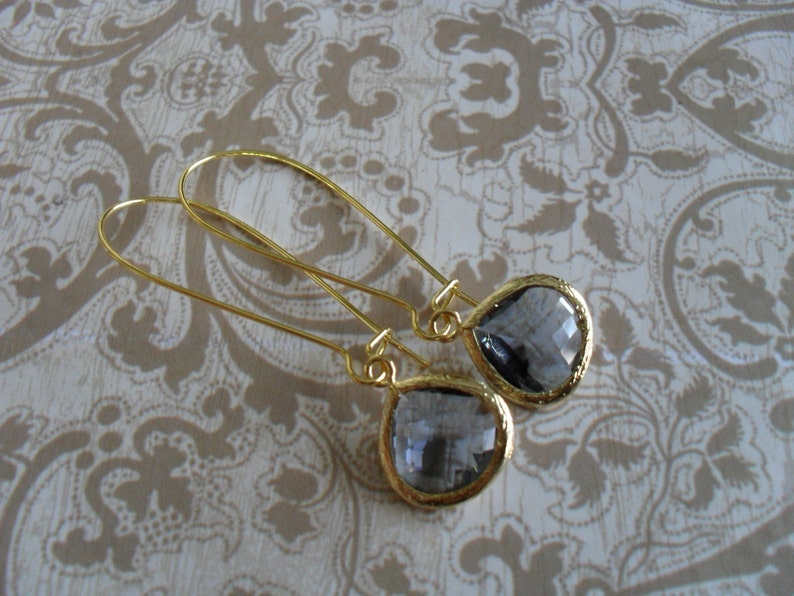 CHARCOAL GREY Glass Drop EARRINGS / Faceted Glass / Gold / Framed Glass / Dangle / Bridesmaid Earrings / Bridal / Simple / Gift boxed image 4