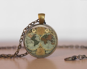 WORLD GLOBE NECKLACE / Antique Map Pendant / Unique Gift for Her / Map Jewelry / Globe / Vintage Map  / brass pendant / gift box