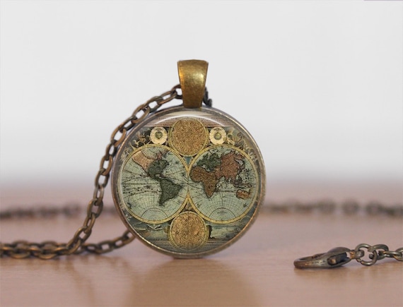WORLD GLOBE NECKLACE / Antique Map Pendant / Unique Gift for Her / Map Jewelry / Globe / Vintage Map  / brass pendant / gift box