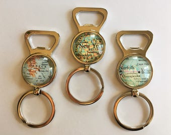 Custom MAP Bottle Opener KEYCHAIN / Groomsmen Gift / Gift for Him /  You Pick the Location / vintage map / personalized city / map key ring