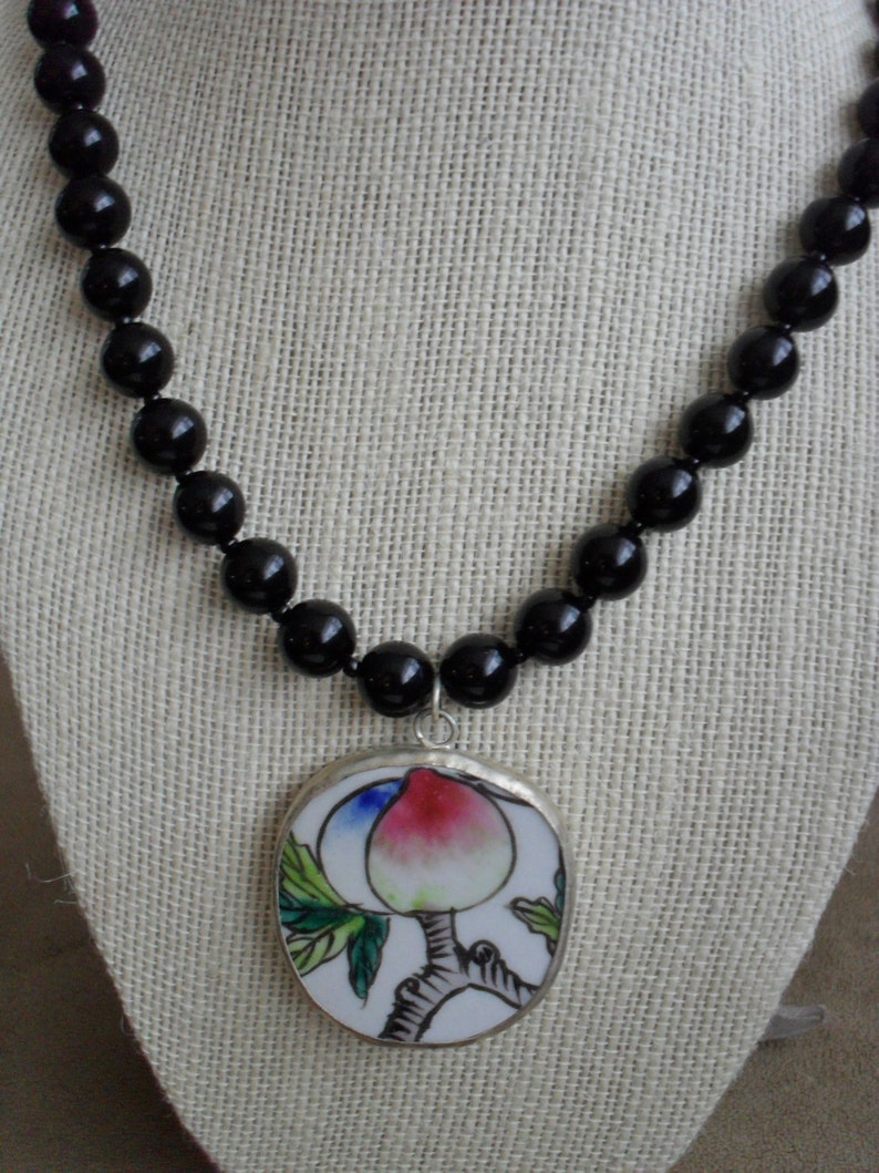 Ming Dynasty Antique Pastel Floral POTTERY SHARD PENDANT Beaded Necklace Black Onyx Beads Ceramic Pendant Gift Boxed Unique