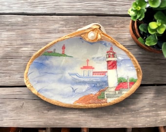 Lighthouse Scene Decoupage Clam Shell Trinket Dish with Genuine Pearl & Gold Leaf Edges