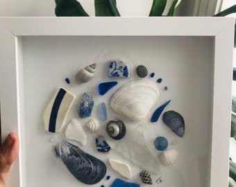 Coastal Decor Beach Finds Shadow Box / sea glass seashells upcycled art/ Blue Rhapsody wall art