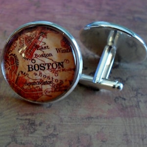 VINTAGE BOSTON MAP Boutons de manchette argentés // Fête des pères // Cadeau de groomsmen // Cadeau pour lui // Boutons de manchette // Carte Bijoux // Coffret cadeau