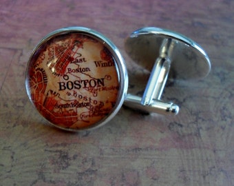 VINTAGE BOSTON MAP Silver Cufflinks // Father's Day // Groomsmen Gift // Gift for Him // Cuff Links // Map Jewelry // Gift Boxed