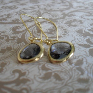 CHARCOAL GREY Glass Drop EARRINGS / Faceted Glass / Gold / Framed Glass / Dangle / Bridesmaid Earrings / Bridal / Simple / Gift boxed image 5