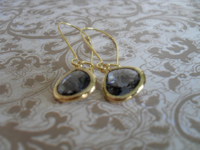 CHARCOAL GREY Glass Drop EARRINGS / Faceted Glass / Gold / Framed Glass / Dangle / Bridesmaid Earrings / Bridal / Simple / Gift boxed image 5