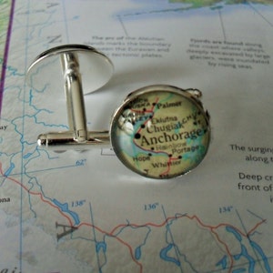 Anchorage Alaska Map Cufflinks / Groomsmen Gift / Gift for Him / 2 Sizes / Custom Map Cuff Links / Map jewelry / Map Cufflink / Gift Boxed