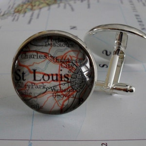 ST. LOUIS Missouri Map Silver CUFFLINKS / Father&#39;s Day / Groomsmen Gift / Personalized gift for him / vintage map cuff links / gift boxed