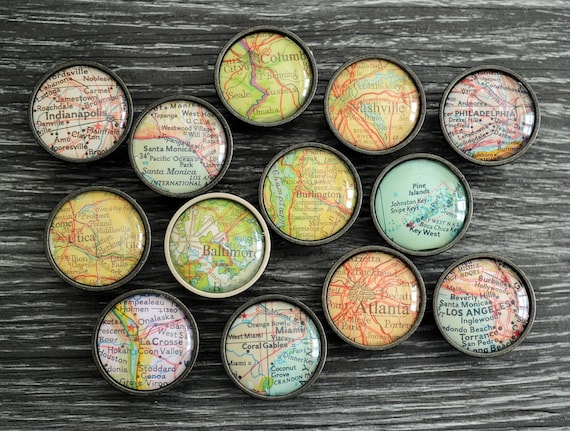 Custom Map Cabinet Knob Map Drawer Pull Glass Domed Nickel Etsy