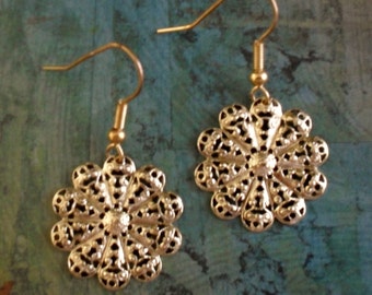 Gold FILIGREE SNOWFLAKE EARRINGS / Pretty / Unique Gift for Her / stocking stuffer  Under 10 Dollars / Gift boxed