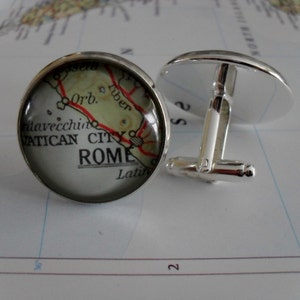 ROME ITALIE , Carte de la Cité du Vatican Boutons de manchette d’argent / boutons de manchette de carte vintage / Fête des Pères / cadeau de groomsmen / Cadeau personnalisé pour lui / en boîte