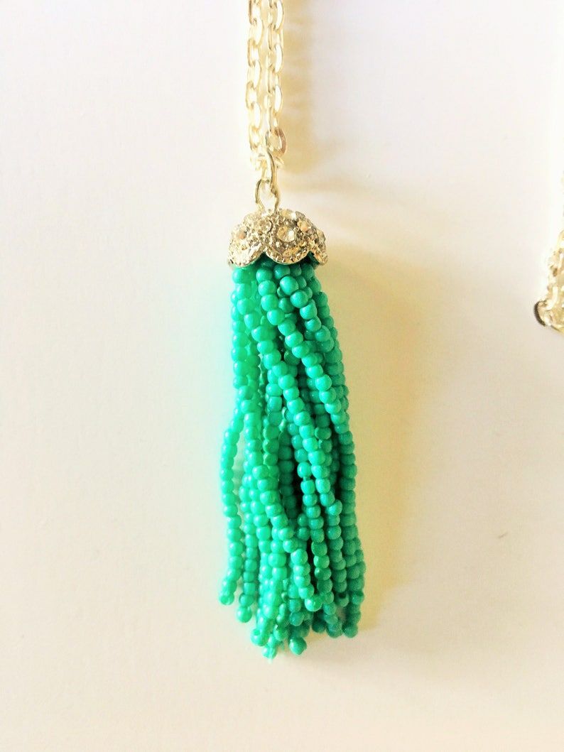 Turquoise Seed Bead /& Rhinestone TASSEL NECKLACE Silver Fidget Jewelry Trendy Necklace Gift Boxed